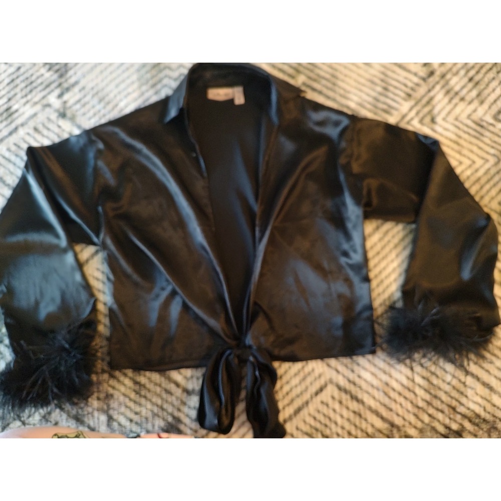 Women's Willow Root Tie Front Satiny Top Size Medium Faux Fur Trim Coquette